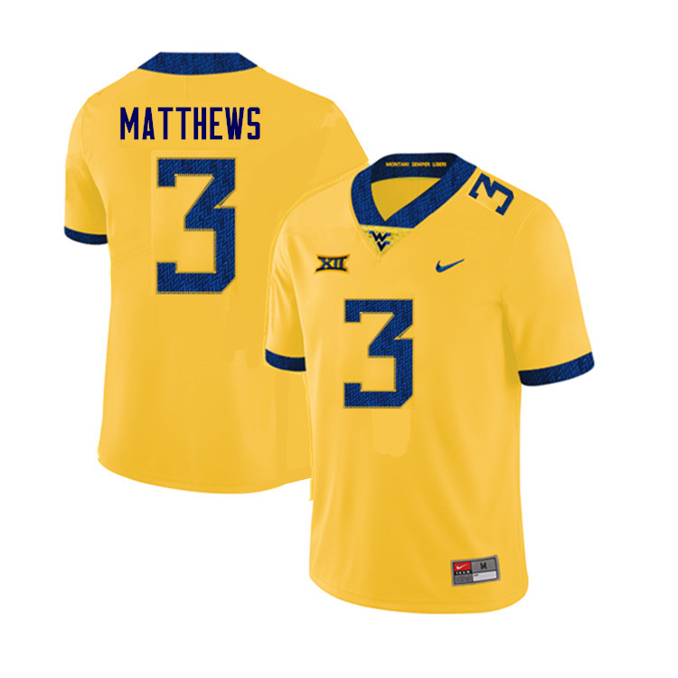 Men #3 Jackie Matthews West Virginia Mountaineers College Football Jerseys Sale-Yellow - Click Image to Close